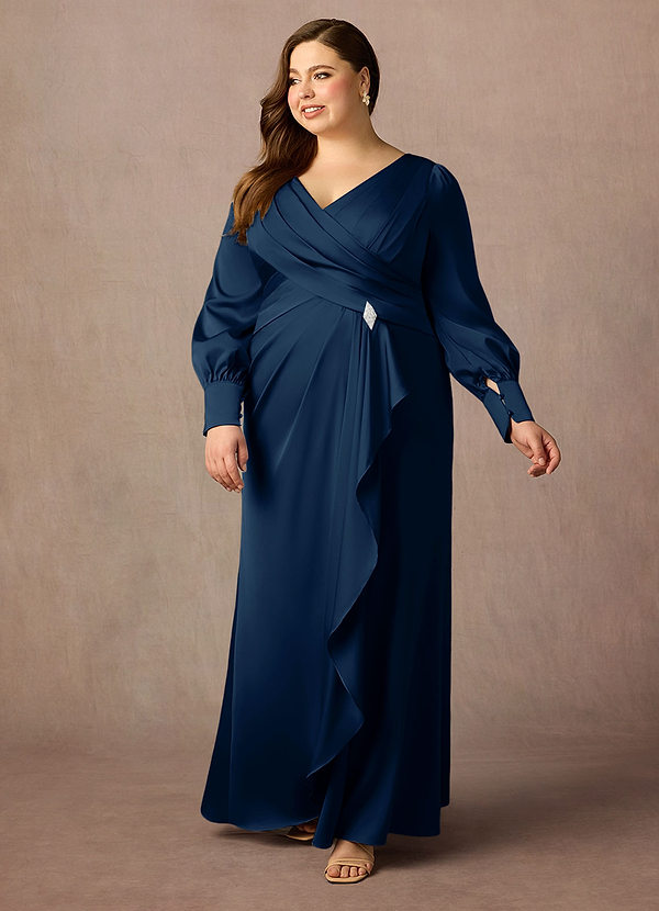Azazie Petrina Mother of the Brides Dresses Dark Navy Mermaid Pleated Stretch Satin Dress image1