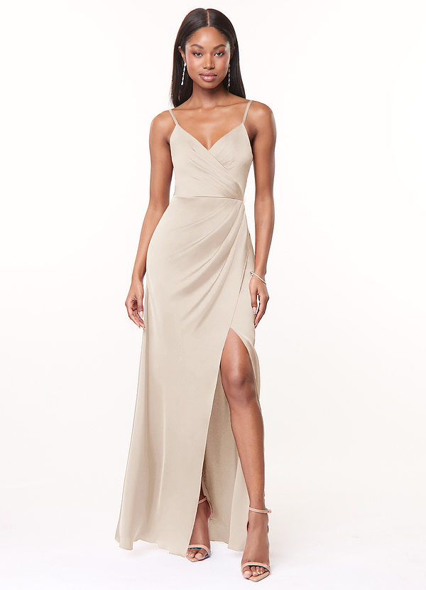 Azazie Maci Bridesmaid Dresses White Alabaster A-Line V-Neck Pleated Stretch Satin Dress image1