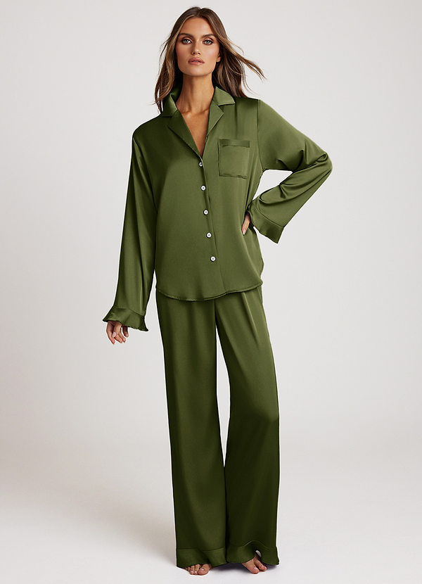 front Oliwa Komplet piżamowy z falbaną i satynowym długim rękawem