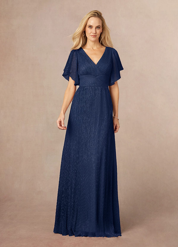 Azazie Kathryn Robe Mère de la Mariée & du Marié Robe Trapèze en Maille métallique Manches flottantes à col en V Bleu Marine Foncé image1