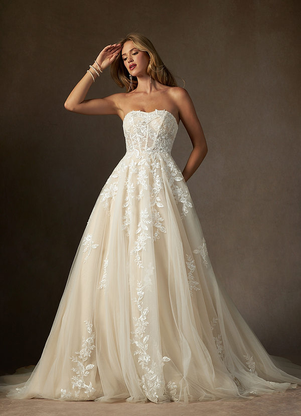 Azazie Keri Wedding Dresses Diamond White Champagne Ball-Gown Strapless Lace Dress image1