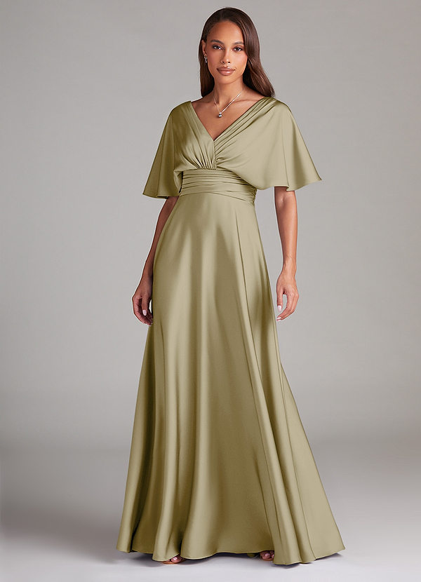 Azazie Pamela Robes Demoiselle d'honneur Robe Trapèze en Satin extensible Plissée Vert Mousse image1