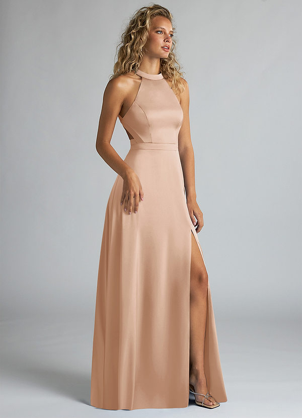 Azazie Clarice Robes Demoiselle d'honneur Robe Trapèze en Satin extensible Col Haut Rose Perle image1
