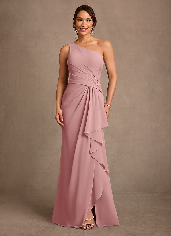 Azazie Floy Vestidos para la madre de la novia Vestido Rosa Polvorienta de Gasa de Corte Recto con Un hombro image1