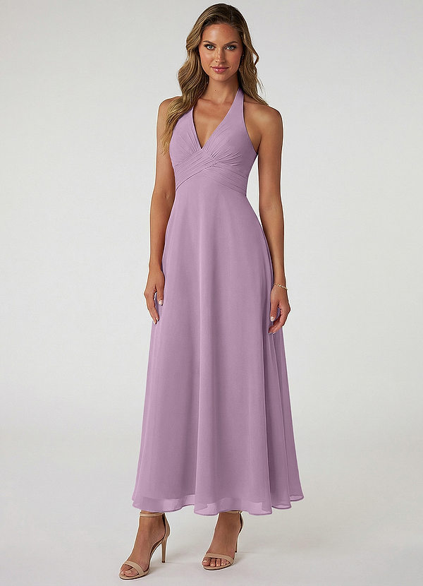 Azazie Tessie 신부 들러리 드레스 A라인 주름진 쉬폰 발목 길이 드레스 image1