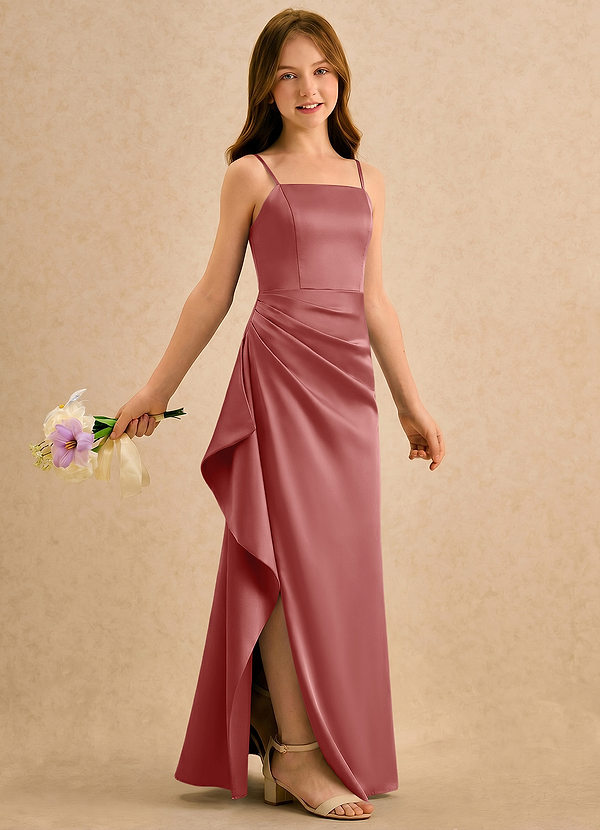 Azazie Cannoli Girls Formal Sukienki dla dziewczynek sypiących kwiaty Linia A Pofałdowany Satyna elastyczna Długość podłogi Sukienka image1
