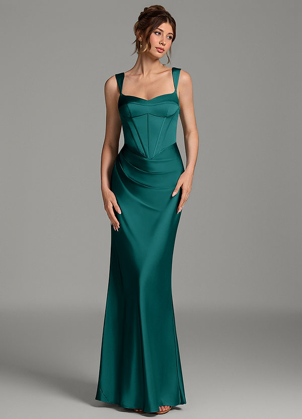 Azazie Mela Brautjungfernkleider Etui Korsett Stretch-Satin Kleid Pfau image1