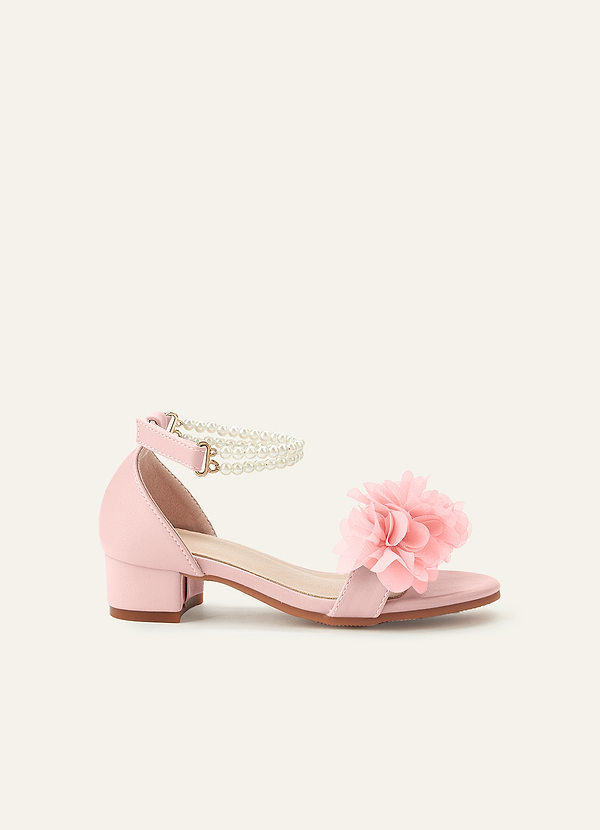front Zapatos de tacón de bloque con tira al tobillo, punta abierta, estampado floral de gasa 3D y perlas, ideales para niñas pequeñas y mayores.