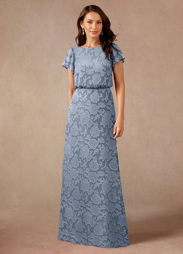 Azazie Lehi Vestidos de Madre de la Novia Vestido de Azul Polvoriento de Devorado Floral de Corte En A con Cuello de barco image1