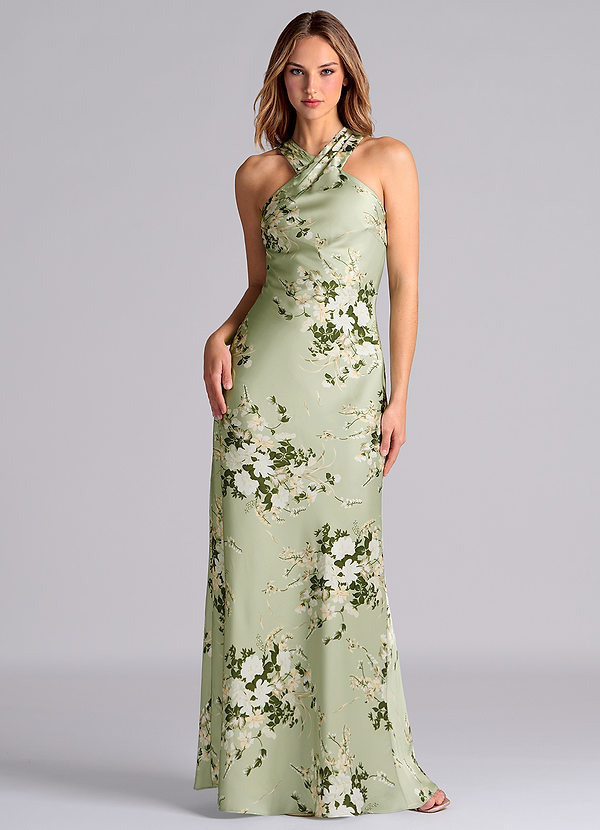 Azazie Doretta Bridesmaid Dresses Floral Vines Mermaid Pleated Stretch Satin Dress image1