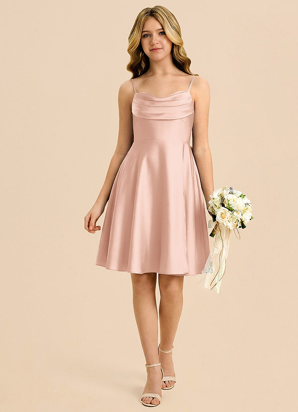 Azazie Bear Linia A Dekolt w kształcie serca Satyna elastyczna Mini Młodsza druhna Sukienka image1