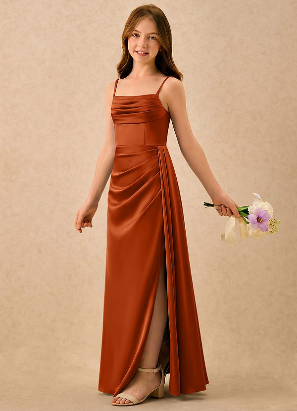 Azazie Shyla Girls Formal Sukienki dla dziewczynek sypiących kwiaty Osłona Pofałdowany Satyna elastyczna Długość podłogi Sukienka image1
