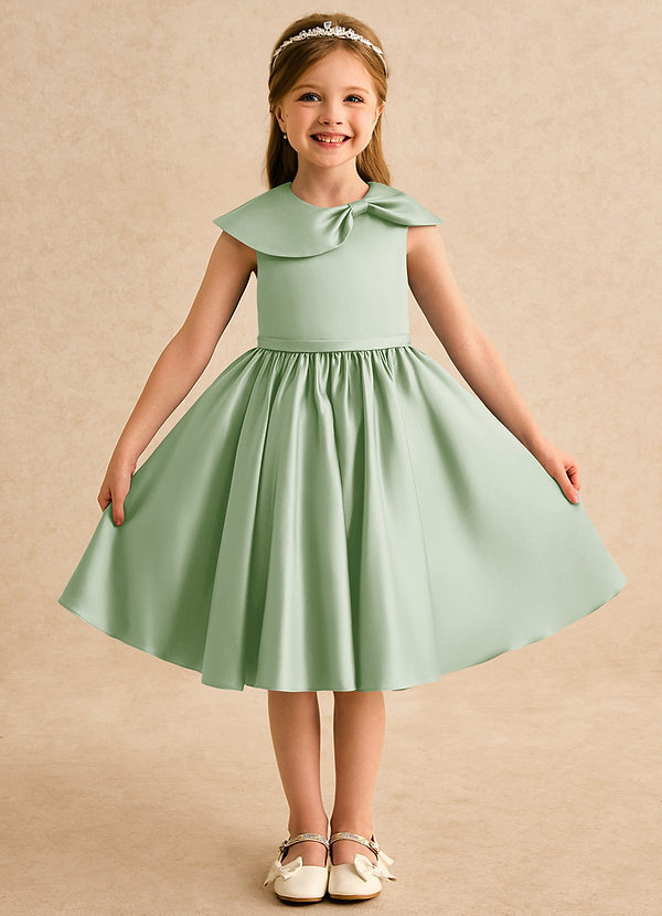Azazie Acorn Flower Girl Dresses Dusty Sage A-Line Pleated Matte Satin Dress image1