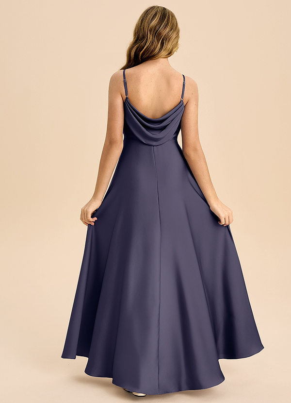 Azazie Bug Junior Robe Trapèze en Satin extensible Plissée Bleu Orageux image1