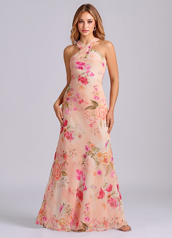 Azazie Doretta Bruidsmeisjes Jurken Jurk van Chiffon met Zeemeermin Geplooid Abstract Boeket Bloemen image1
