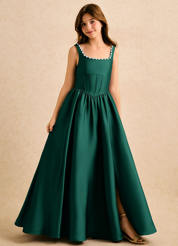 Azazie Enid Girls Formal Sukienki dla dziewczynek sypiących kwiaty Linia A Zroszony Satyna elastyczna Długość podłogi Sukienka image1