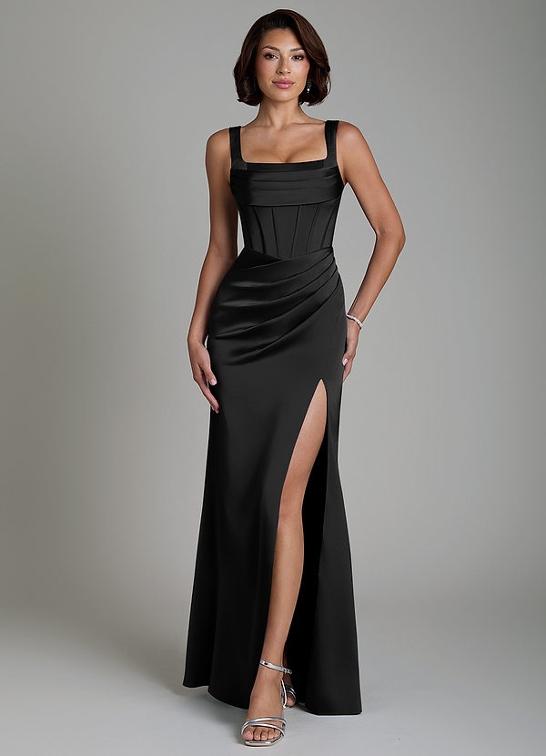 Azazie Amora Robes de demoiselle d'honneur Robe Sirène en Satin extensible Corset Noir image1