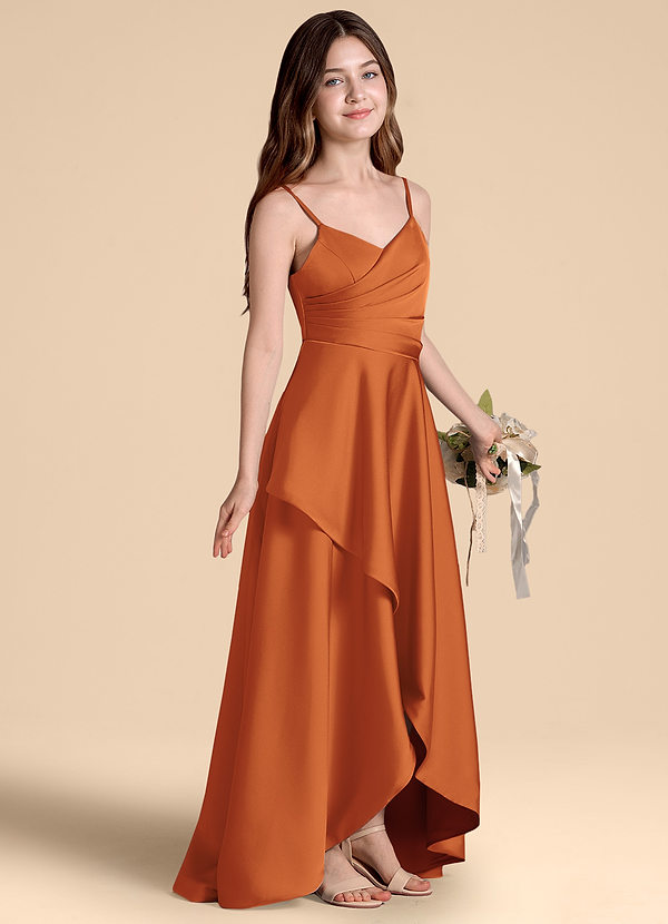 Azazie Prisha Junior Cinnamon A-Line Pleated Stretch Satin Dress image1