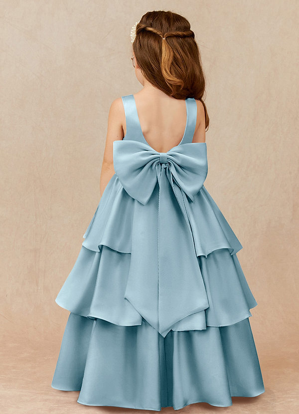 Azazie Margie Flower Girl Dresses Moody Blue A-Line Bow Stretch Satin Dress image1