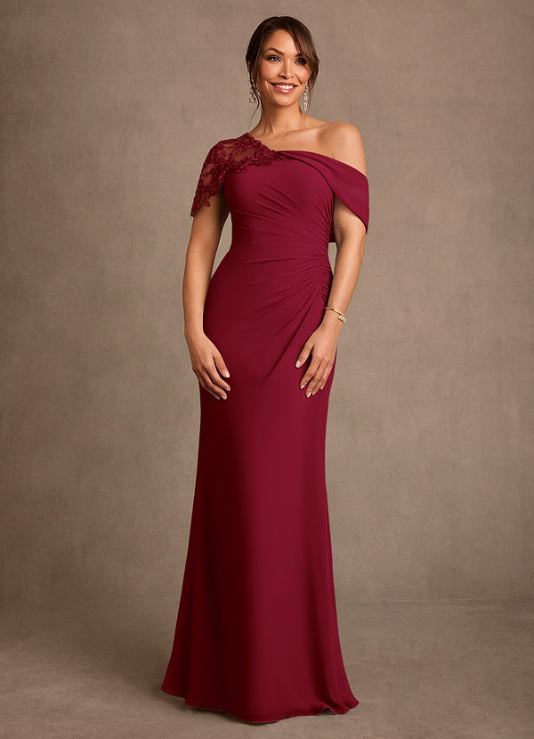 Azazie Sally Robe Mère de la Mariée & du Marié Robe Fourreau en Mousseline de soie Dentelle Bourgogne image1