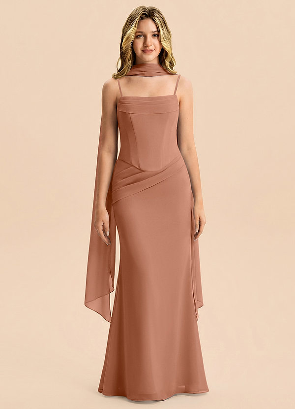 Azazie Sorrel Junior Meerjungfrau-Linie Plissee Chiffon Kleid Bronzer image1