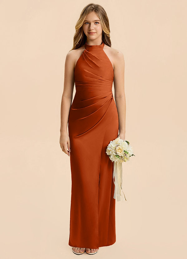 Azazie Jemma Junior Burnt Orange A-Line Ruched Stretch Satin Dress image1