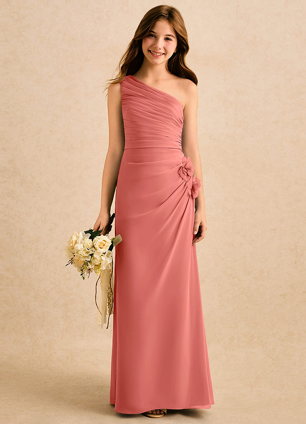 Azazie Sophie Girls Formal Robes de Fillette d'Honneur Robe Fourreau en Mousseline de soie Une épaule Rose Saumon image1