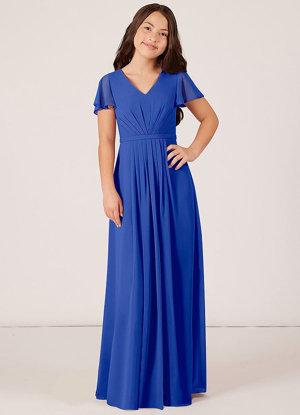 Azazie Peony Junior Robe Trapèze en Mousseline de soie Plissée Bleu Roi image1