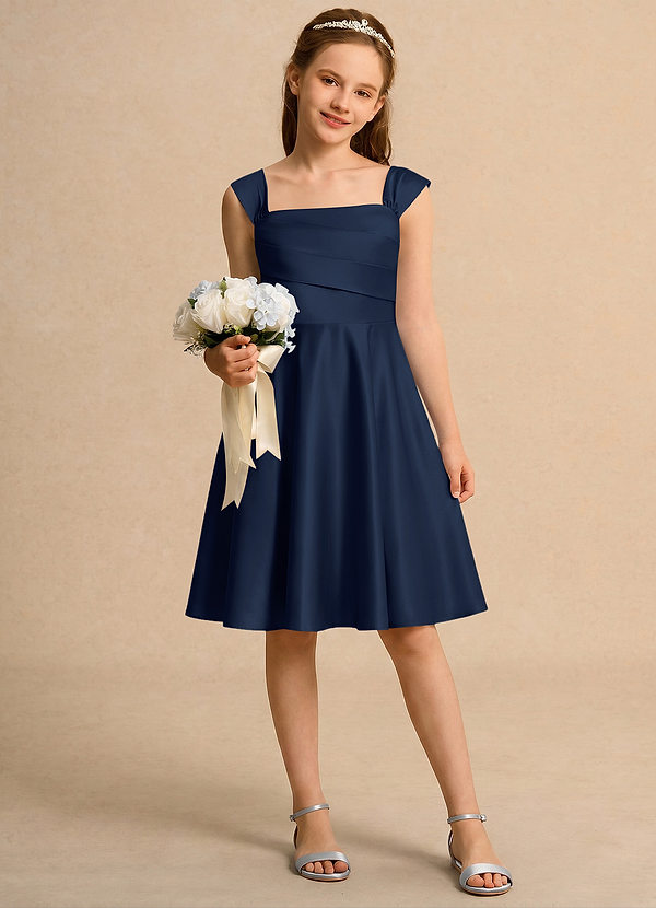 Azazie Budle Girls Formal Flower Girl Dresses Dark Navy A-Line Pleated Matte Satin Dress image1
