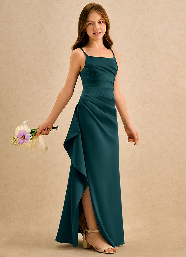 Azazie Cannoli Girls Formal Robes de Fillette d'Honneur Robe Trapèze en Satin extensible Plissée Vert Pin image1