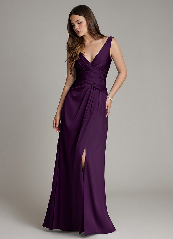 Azazie Pauline Bridesmaid Dresses Grape A-Line Pleated Stretch Satin Dress image1