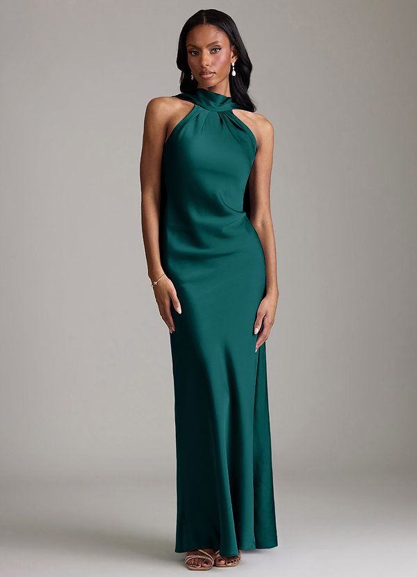 Azazie Cassiana Bruidsmeisjes Jurken Jurk van Stretch Satijn met Zeemeermin Geplooid Pauw image1