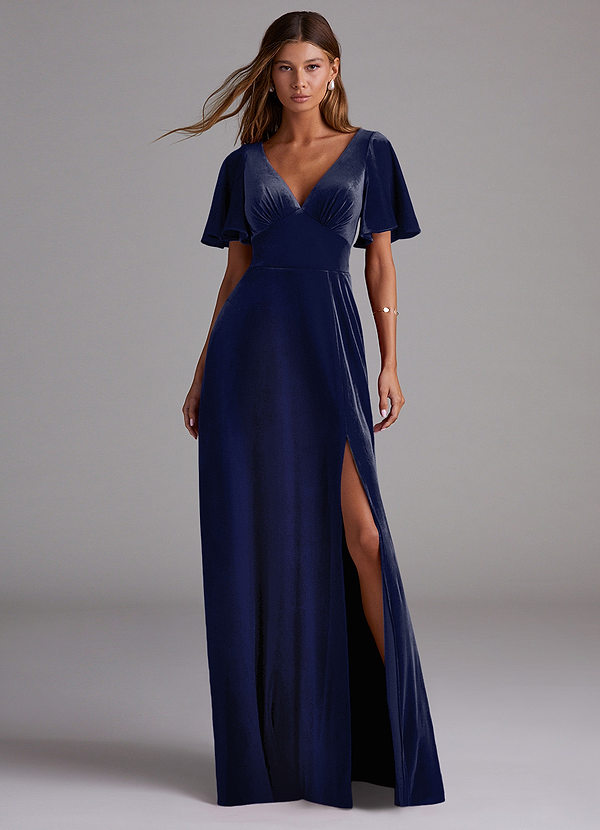 Azazie Kimber Bridesmaid Dresses Dark Navy A-Line with Pockets Velvet Dress image1