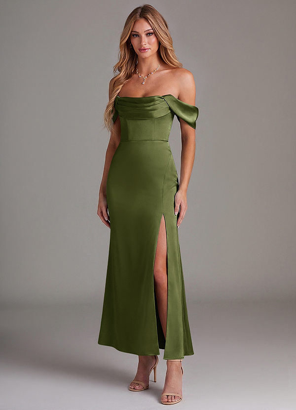 Azazie Saige 신부 들러리 드레스 인어 오프 더 숄더 스트레치 새틴 발목 길이 드레스 image1