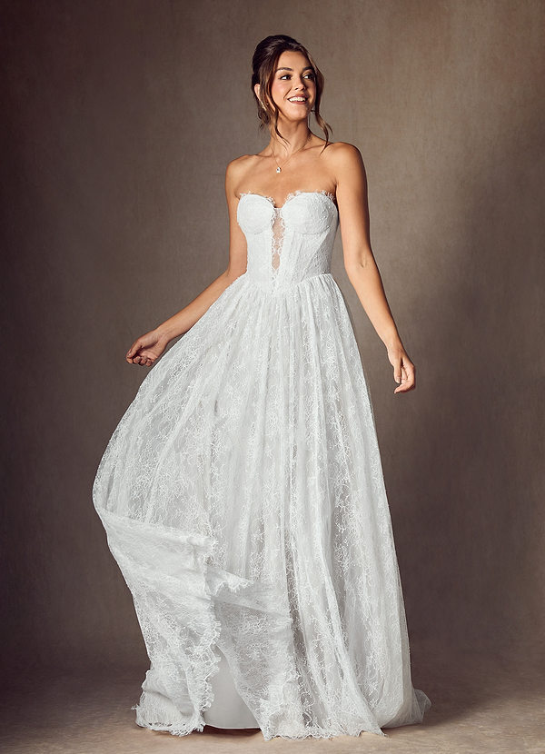 Azazie Lorena Wedding Dresses Diamond White A-Line Strapless Lace Dress image1