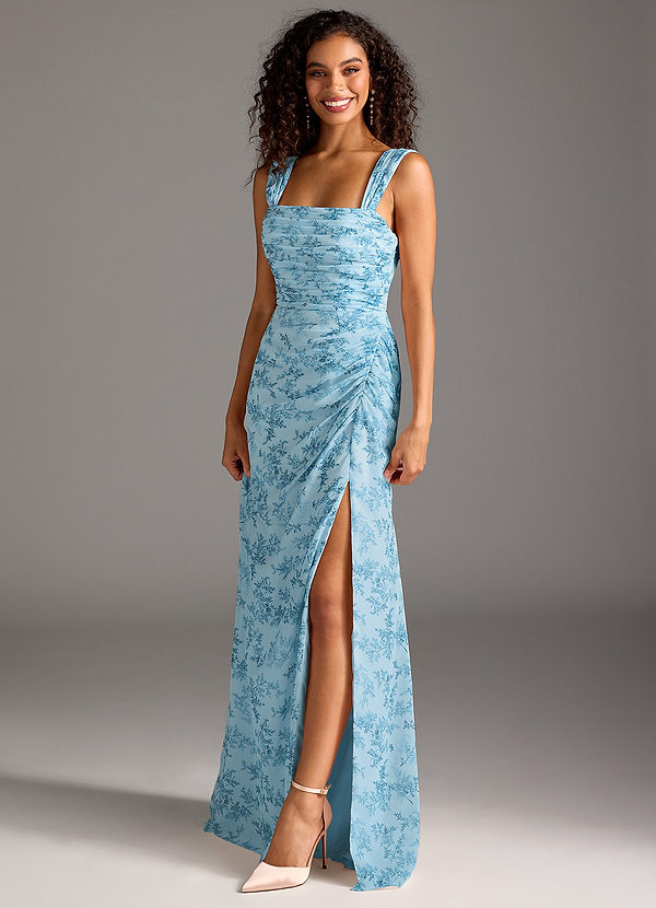 Azazie Jesaphine Bridesmaid Dresses Blue Fern Floral Sheath Bow Chiffon Dress image1