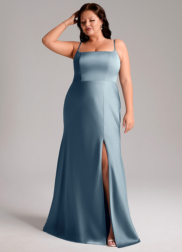 Azazie Lidia Vestidos Dama de Honor Vestido de Azul Polvoriento de Satén Elástico de Corte Sirena con Corte Lateral image1