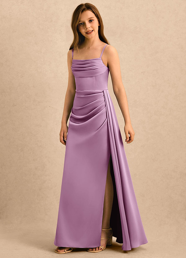 Azazie Shyla Girls Formal Sukienki dla dziewczynek sypiących kwiaty Osłona Pofałdowany Satyna elastyczna Długość podłogi Sukienka image1