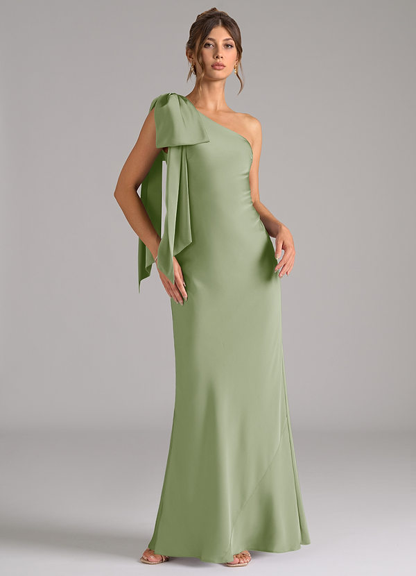 Azazie Capri Robes Demoiselle d'honneur Robe Sirène en Satin extensible Ue épaule Vert Sauge image1