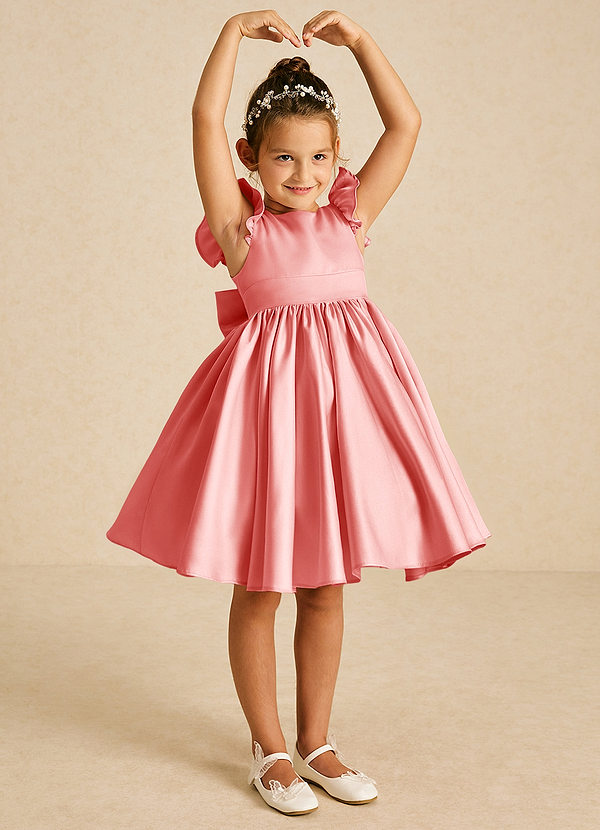 Azazie Tootsie Flower Girl Dresses Coral A-Line Bow Matte Satin Dress image1