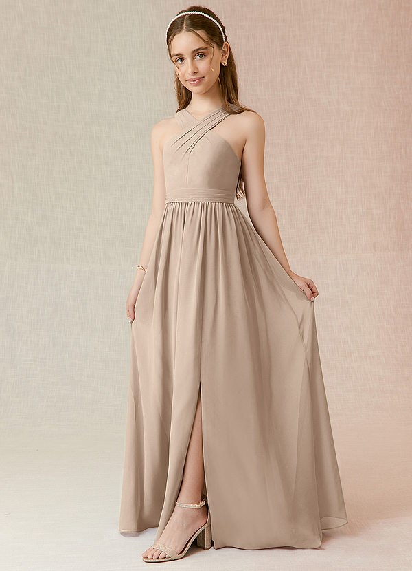 Azazie Jiya Junior Taupe A-Line Pleated Chiffon Dress image1