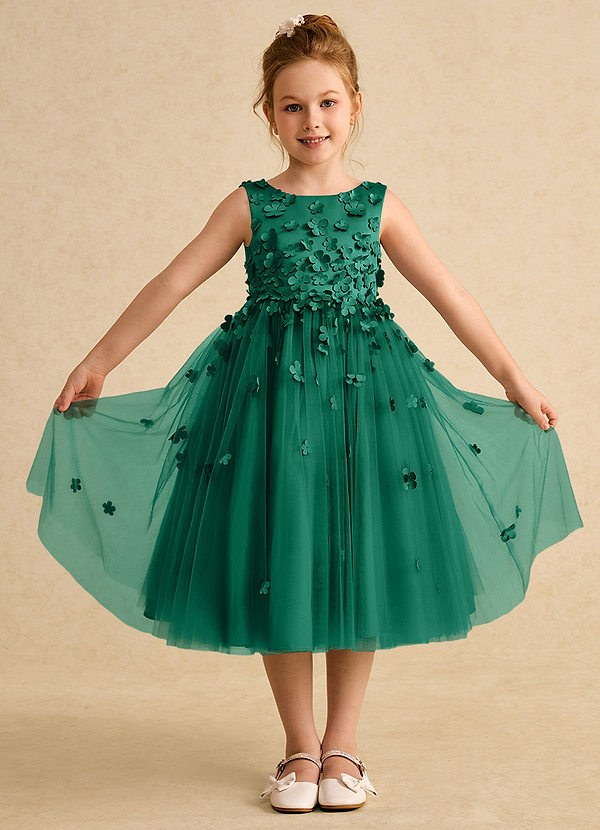 Azazie Lana Flower Girl Dresses Emerald A-Line Sleeveless Matte Satin Dress image1