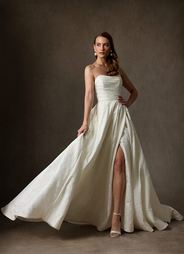 Azazie Paloma Wedding Dresses Antique White Ball-Gown Strapless Floral Jacquard Dress image1