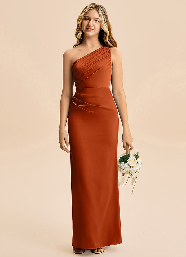 Azazie Akilah Junior Osłona Pofałdowany Satyna elastyczna Długość podłogi Młodsza druhna Sukienka image1