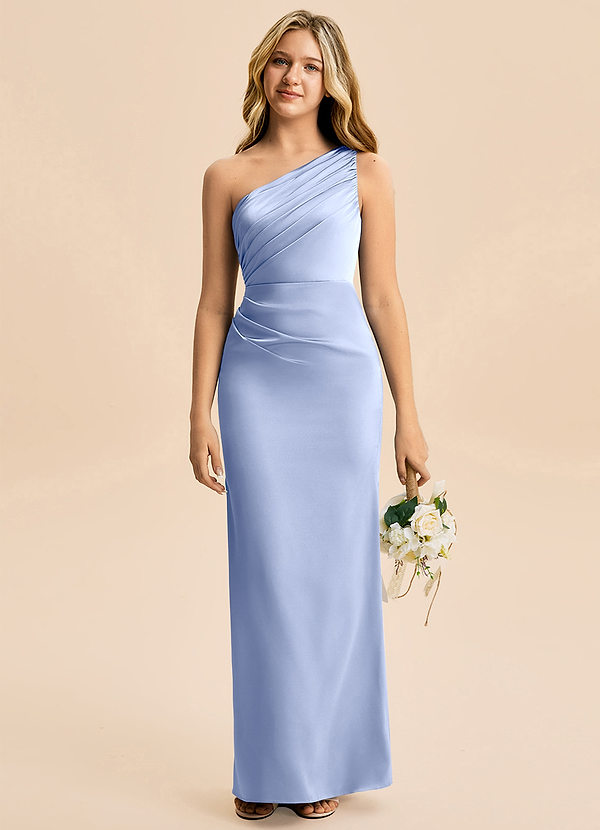 Azazie Akilah Junior Ice Sheath Pleated Stretch Satin Dress image1