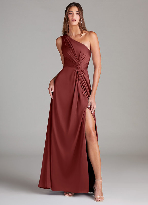 Azazie Brooke Robes de demoiselle d'honneur Robe Trapèze en Satin extensible Asymétrique Terracotta image1