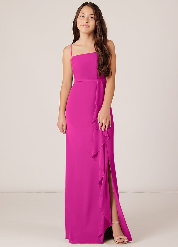Azazie Kaylee Junior Fuchsia A-Line with Belt Chiffon Dress image1
