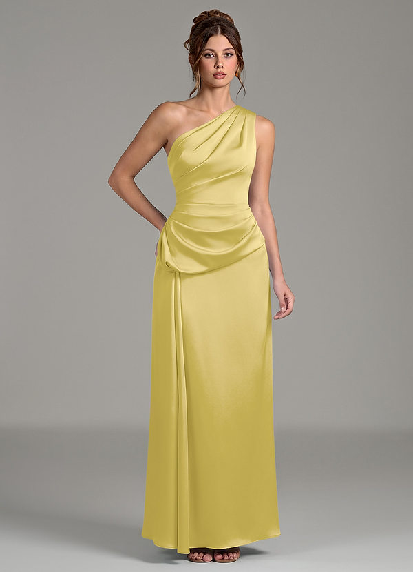 Azazie Zahira Robes de demoiselle d'honneur Robe Fourreau en Satin extensible Asymétrique Canari image1