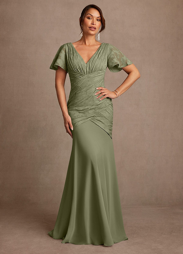 Azazie Jolene Mother of the Brides Dresses Pistachio Mermaid Pleated Floral Burnout Dress image1