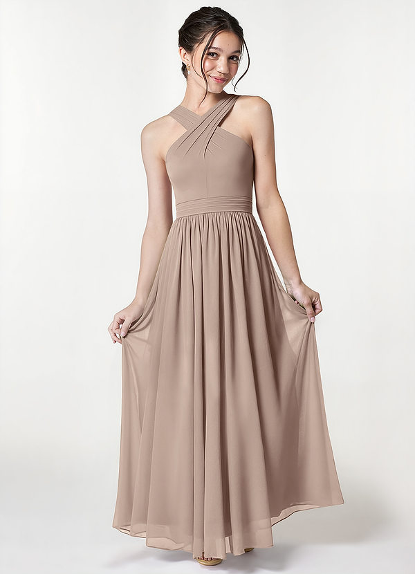 Azazie Jiya Junior A-Linie Plissee Gittergewebe Kleid Taupe image1